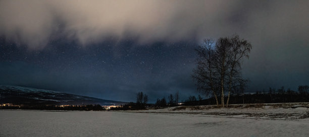 美丽的霜夜全景，冰冻湖桦树在海岸线上，云在星空，斯堪的纳维亚山脉在地平线作为背景。瑞典拉普兰。晚上的照片图片下载