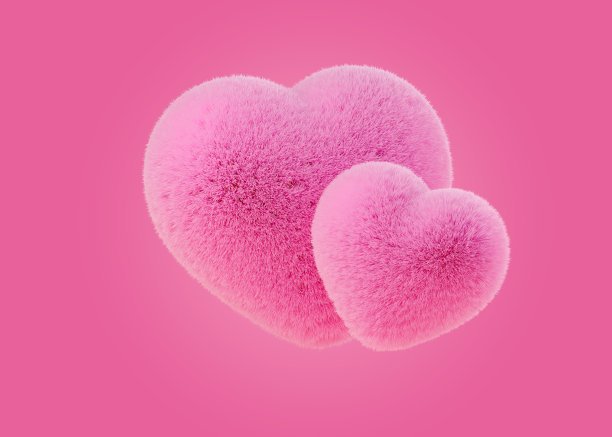 粉红色的背景上两个粉红色的毛皮心。最小的单色情人节或2月14日或母亲节。3d渲染插图图片下载