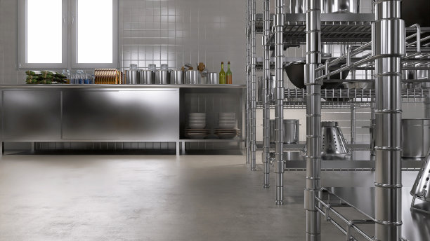 新的，干净的树脂乙烯地板，用于商业，工业烘焙厨房，不锈钢橱柜，货架与专业的烘焙设备，机器，厨具图片下载