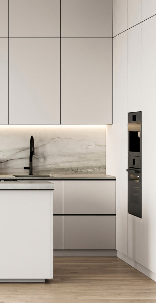 现代自然风格的白色厨房室内设计。水平横幅全景背景。3 d渲染。高质量3d插图图片下载