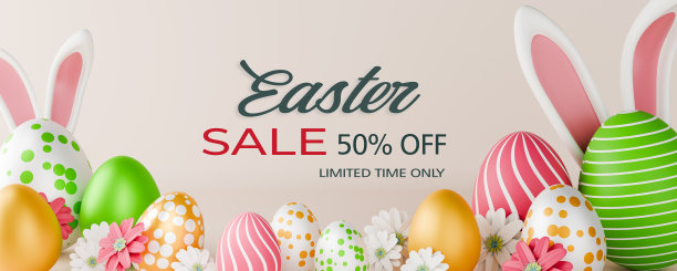复活节促销横幅设计。复活节销售文本高达50%的折扣促销与3d逼真的兔子和鸡蛋季节性商店折扣广告。3 d渲染。图片下载
