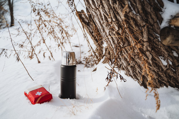 黑色的保温瓶和红色的急救箱放在树干附近的雪地里图片下载