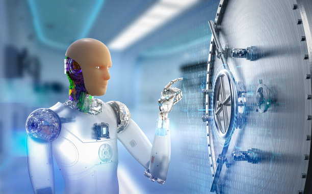 人工皮肤或类人皮肤人工智能机器人与金库门一起工作图片下载