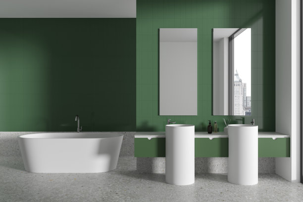 现代家庭浴室内部配有双水槽和浴缸，全景窗图片下载