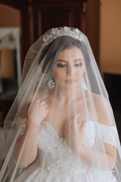 婚礼的早晨，一位美丽的新娘穿着优雅的婚纱，一头黑发，化着迷人的妆，在房间里拍摄的时尚照片。新娘正在为婚礼做准备图片下载