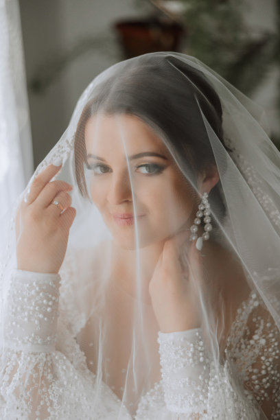 婚礼的早晨，一位美丽的新娘穿着优雅的婚纱，一头黑发，化着迷人的妆，在房间里拍摄的时尚照片。新娘正在为婚礼做准备图片下载