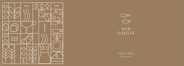 面包店和咖啡的手绘插图。图标。抽象几何线条背景。黄金的奢侈品。图片下载