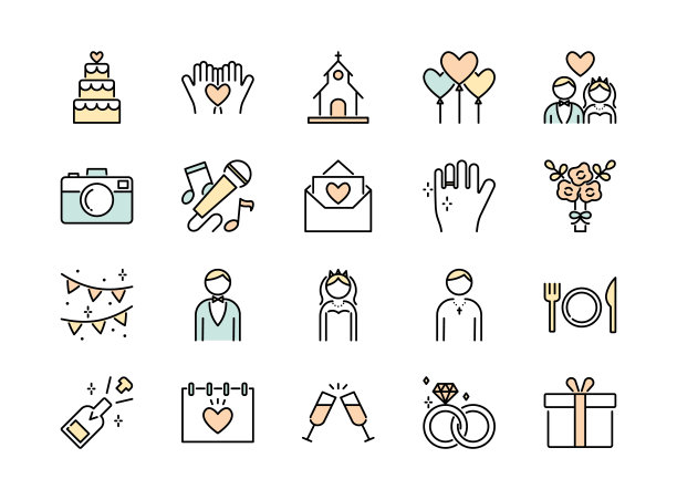 婚礼彩色线条图标集。矢量插图和可编辑的笔画图片下载