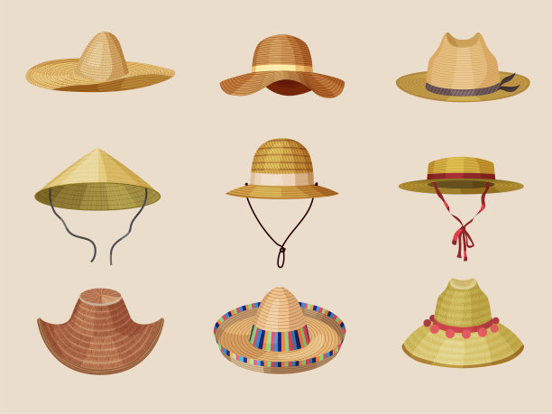 草帽。不同风格的头部保护从太阳巴拿马农民头饰牛仔帽最近矢量卡通图片的时尚头帽由稻草制成图片下载