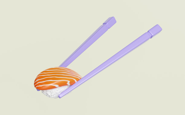 三文鱼饭团寿司用筷子，日本食物孤立的概念，3d渲染插图图片下载