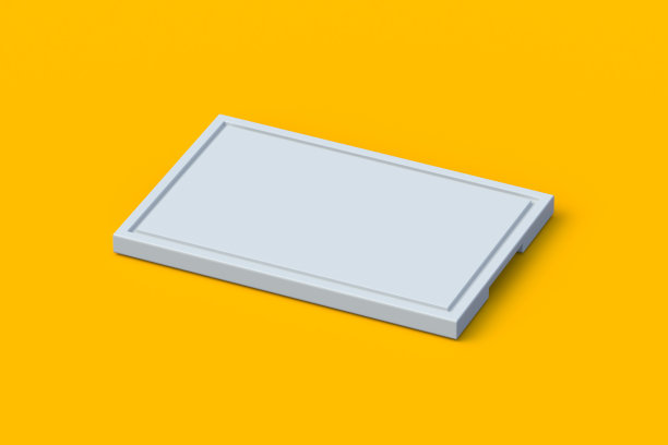 厨房配件。空的长方形餐具。烹饪设备。橙色背景的砧板。三维渲染图片下载