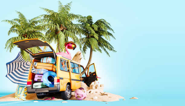 夏季旅游概念。带着行李的黄色面包车停在沙滩上，棕榈树在蓝色的背景上，有复制空间。图片下载