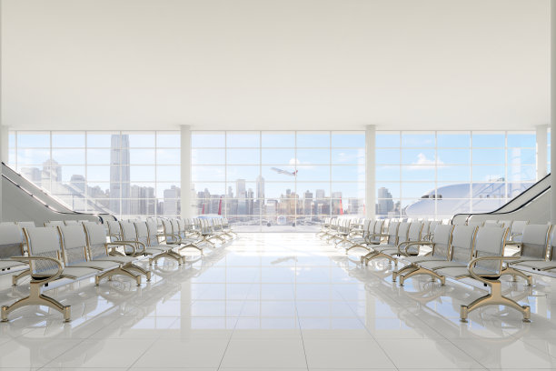 现代风格的空机场候机厅与城市视图背景3d渲染图片下载