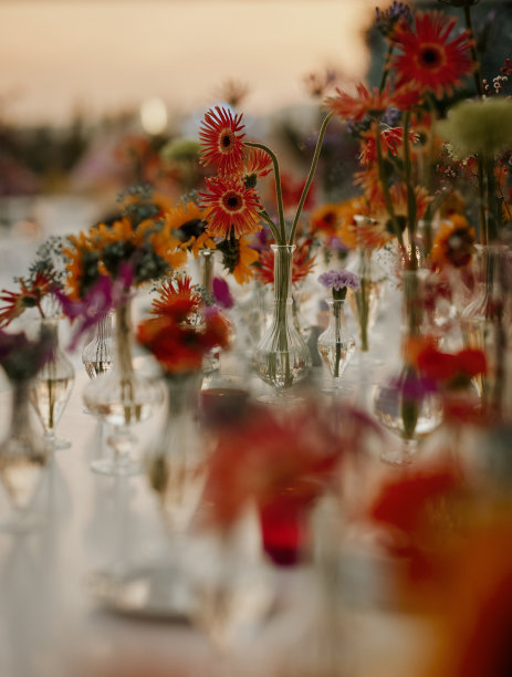 白色木桌上，插着玻璃花瓶和蜡烛杯的菊花。优雅的风格。库存图片图片下载