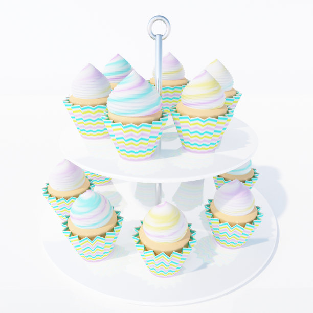 纸杯蛋糕3d插图。甜点吧。生日聚会。周年纪念日。不同口味的纸杯蛋糕。庆祝活动的背景。图片下载