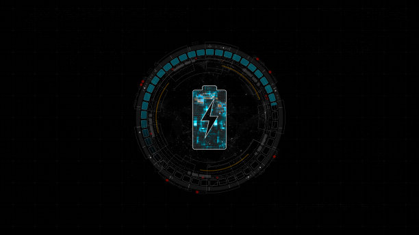 蓝色数字电池标志和圆形未来主义HUD元素与流动的箭头与动力储备概念在抽象的背景图片下载
