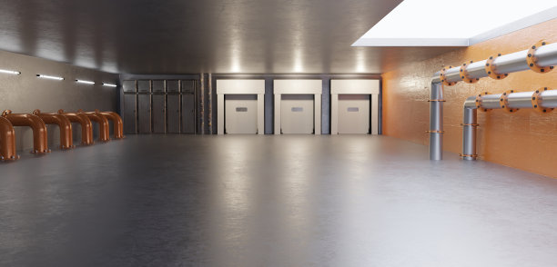 裙楼式大厅混凝土工业厂房建筑背景水泥墙产品展示陈列室旧仓库舞台背景3D插画图片下载