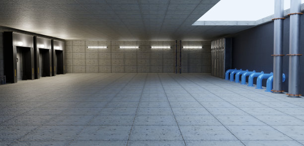 裙楼式大厅混凝土工业厂房建筑背景水泥墙产品展示陈列室旧仓库舞台背景3D插画图片下载