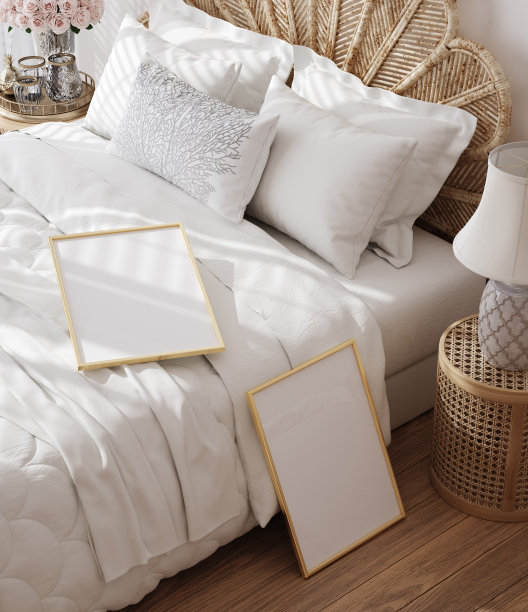 白色豪华卧室内部的模型海报框架图片下载