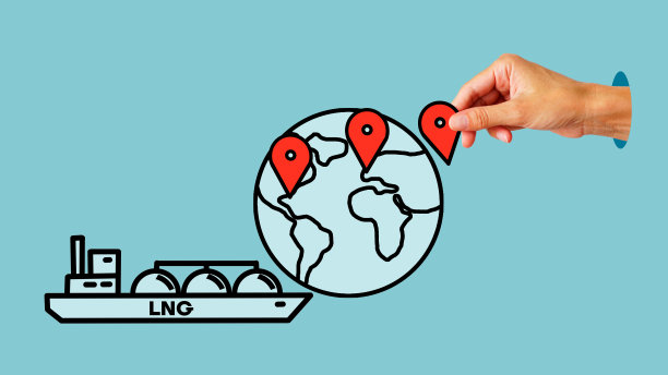液化天然气。海洋上装有氢气发动机的气罐的油轮拼贴画和带有地理定位点的地球图片图片下载