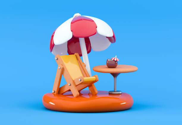 3d沙滩上的伞和太阳躺椅海滨度假暑假沙滩上的躺椅景观图片下载