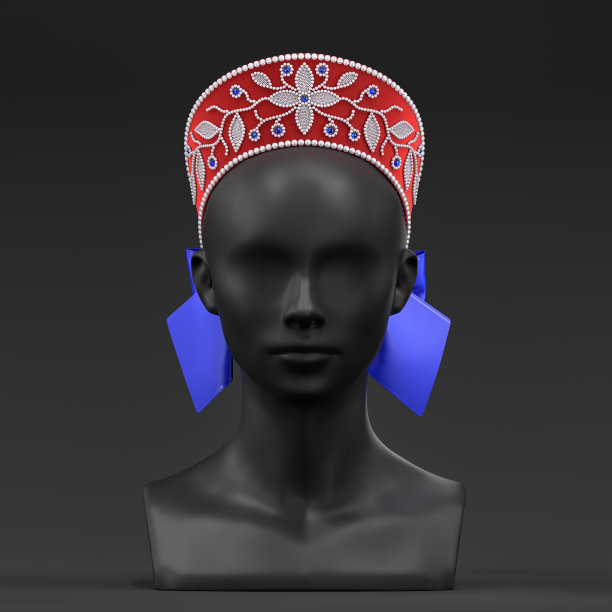 俄罗斯民族头饰。黑色背景的科科什尼克画中孤立的人体模型。3 d渲染。图片下载