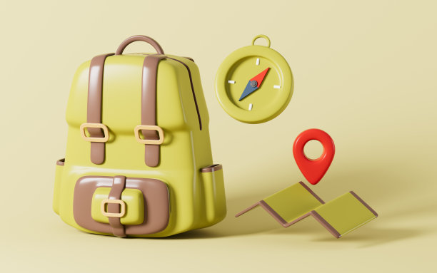 卡通徒步包，指南针和地图，3d渲染。图片下载