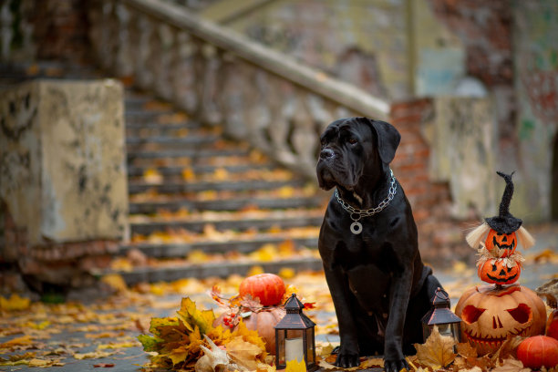 在一个秋天的公园里，一个古老的楼梯和黄色的枫叶映衬着万圣节装饰的南瓜图片下载