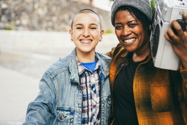 具有都市背景的多种族户外舞蹈年轻女性-时尚的街头穿着风格和友谊的概念-关注非洲女性的脸图片下载