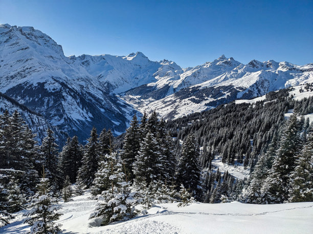 滑雪之旅到Fanenstock和Färispitz以上榆树。高山全景大，冬季景观优美。高质量照片图片下载