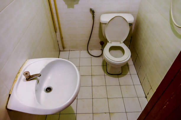 带有水槽和马桶的现代浴室内部，数码照片作为背景，拍摄于亚洲老挝琅勃拉邦的Sisaket寺庙图片下载
