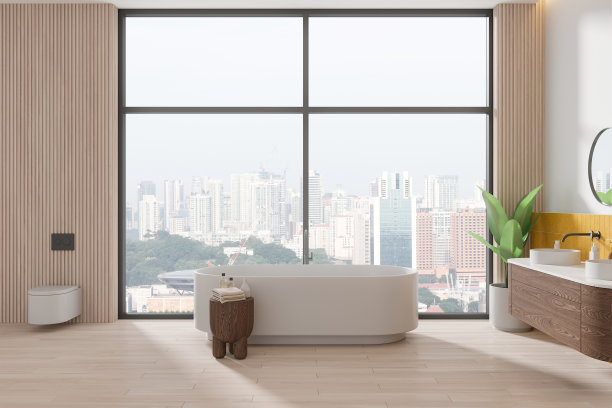 时尚的家庭浴室内部，浴缸，马桶和水槽靠近全景窗图片下载