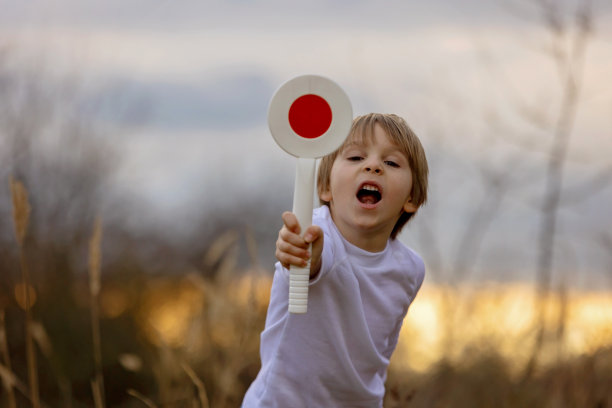 小孩，男孩，手持起/停警察控制交通桨图片下载