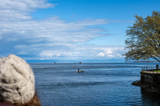 女子欣赏着从莱茵桥到湖的景色，背景是天鹅、船只和高山全景。康斯坦茨，康斯坦茨湖，巴登-符腾堡州，德国，欧洲。图片下载