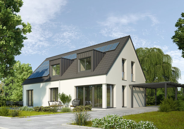 有金属屋顶和太阳能电池板的现代住宅图片下载