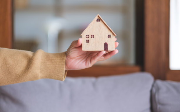 一个女人拿着木头房子模型的特写图片图片下载