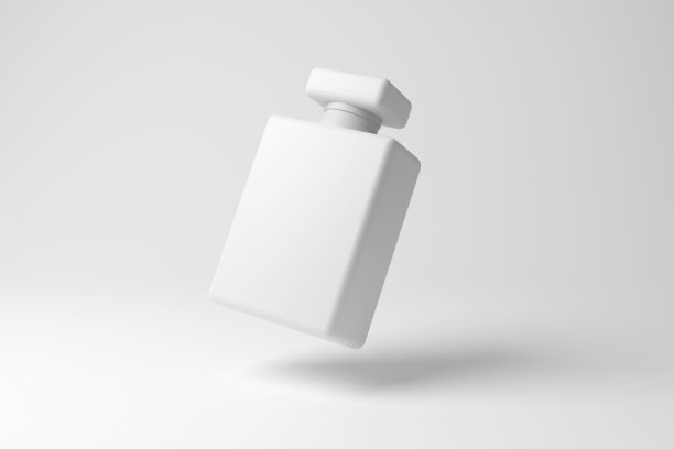 白色的香水瓶漂浮在半空中，白色的背景在单色和极简主义。阐述了香水、女性产品、美容和时尚的概念图片下载