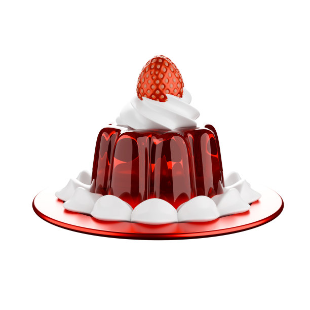 卡通风格美味的红色果冻与鲜奶油与草莓3D。图片下载