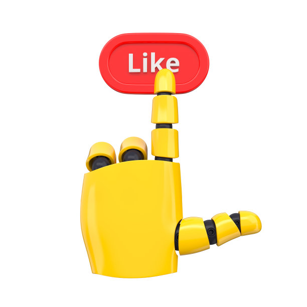 黄色的机械手触摸红色的Like按钮。孤立的AI或自动化SMM概念。三维渲染图片下载