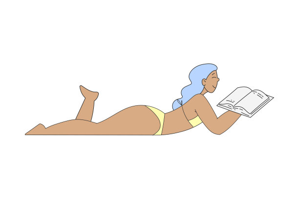 在沙滩上晒日光浴读书的女人矢量插画图片下载