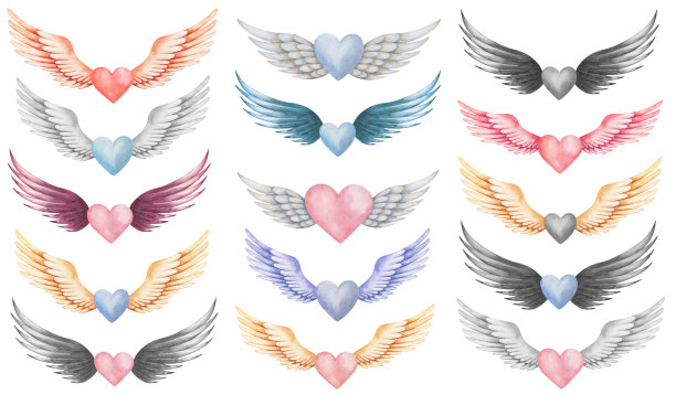 水彩插画素材：手绘翅膀爱心，如天使、小鸟，灰色、粉色、蓝色羽毛，丘比特，小天使，爱心符号，婚礼剪贴画，情人节爱心卡图片下载
