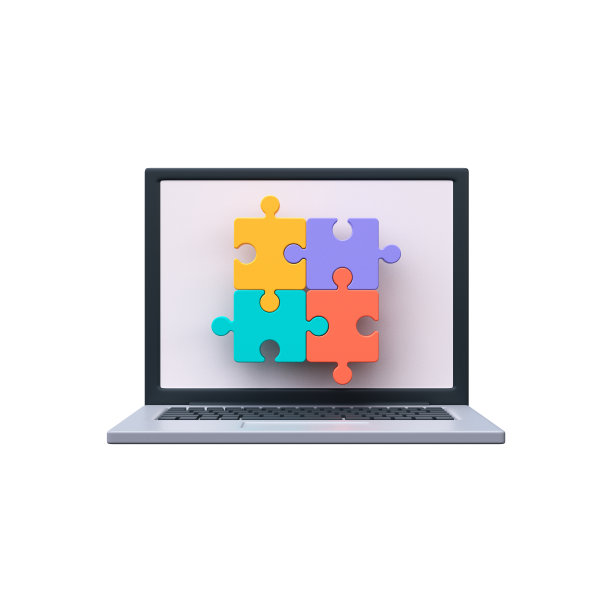 团队合作，战略和头脑风暴概念。拼图图标在笔记本电脑屏幕上的3D风格图片下载