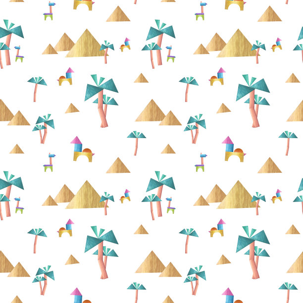 棕榈树、金字塔、木砖动物水彩无缝图案（埃及儿童主题）。白色背景插图，适用于儿童印花、纺织品图片下载