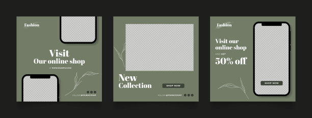 社交媒体模板横幅博客时尚促销。完全可编辑的方形柱框拼图有机销售海报。橄榄绿矢量背景图片下载