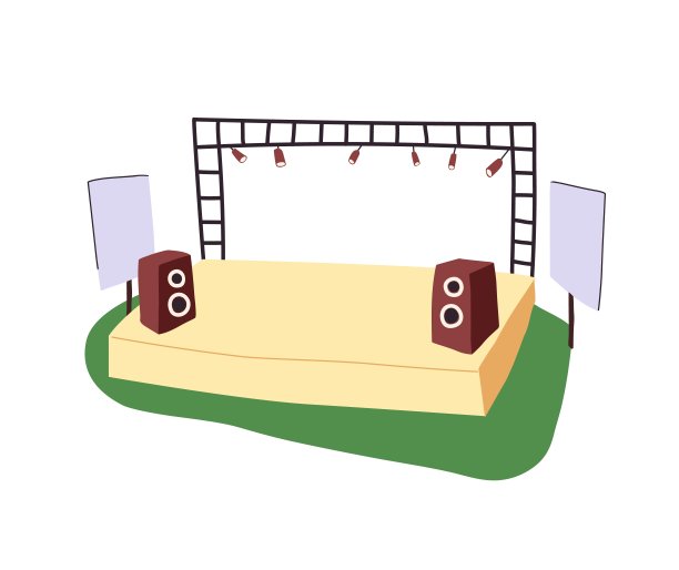 露天音乐节。空舞台与音响扬声器，灯光为现场音乐会，表演在游乐园。户外摇滚音乐节。娱乐活动。平面隔离矢量插图上的白色图片下载