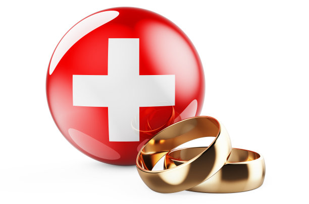 瑞士的婚礼概念。带有瑞士国旗的结婚戒指。三维渲染图片下载