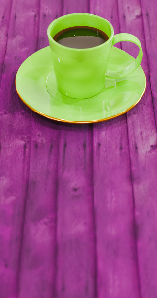 绿色杯子里的咖啡饮品放在紫色木桌上，以休息和食物为主题，3d渲染图片下载