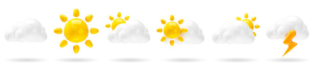 一套3D天气图标。晴天，闪电和多云派对图标孤立的白色背景。预测标志设计的应用程序和网页。3d渲染插图。图片下载