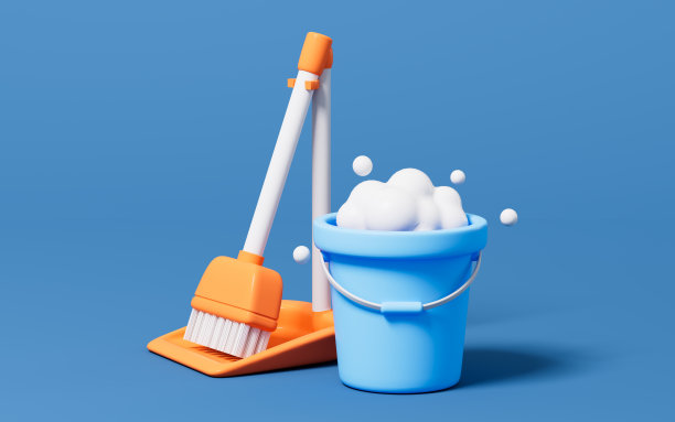 蓝色背景的卡通扫帚和桶，3d渲染。图片下载