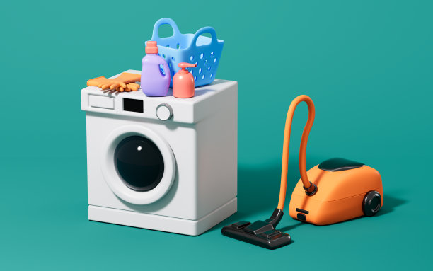 卡通洗衣机和吸尘器在绿色背景下，3d渲染。图片下载